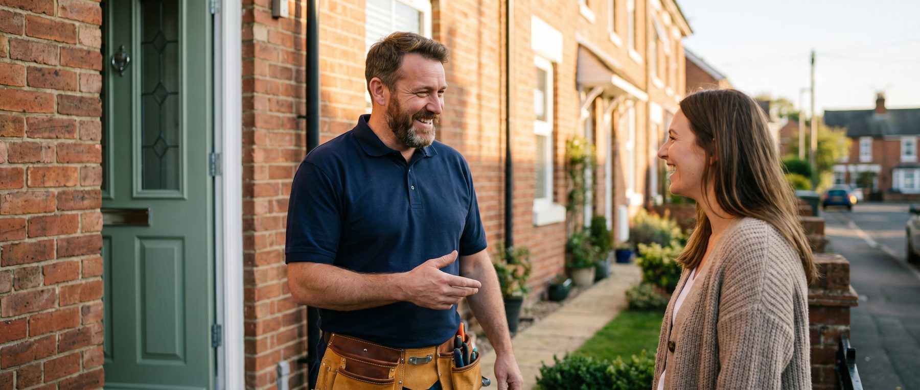 A builder in a navy polo and tool belt talking with a homeowner on a brick terraced street.